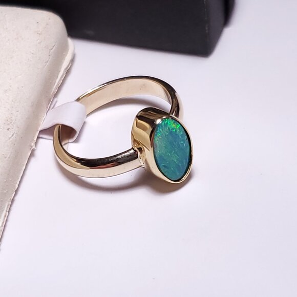 Estate 10X6mm Oval Natural Boulder Opal Bezel Set 14Kt Y/Gold S-4.5 Ring #23148 - Picture 4 of 6